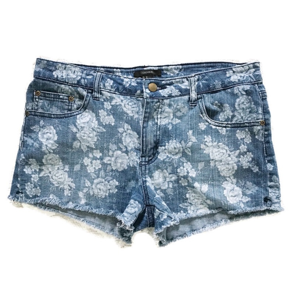 Forever 21 F21 Rose Floral Distressed Print Denim Raw Hem Cut Off Shorts Size 30
